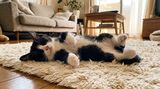 ラグの上でへそ天で眠る白黒のはちわれ子猫