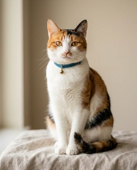 香箱座りをする三毛猫