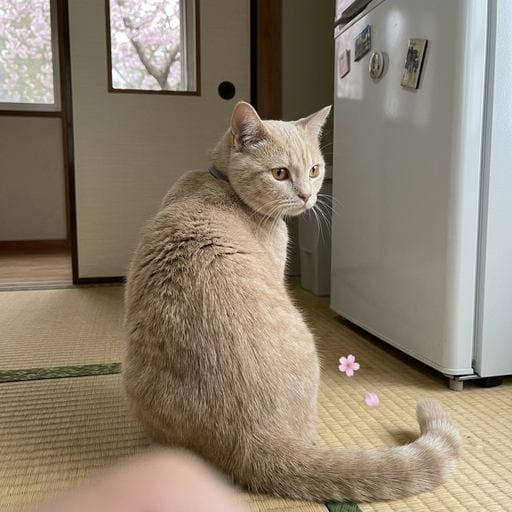 黄粉：きなこだよー！お花見日和の今日は、窓からあったかい光が差し込むね🌸 お昼ごはんに大好きなカリカリチキンもらったの！もう…
