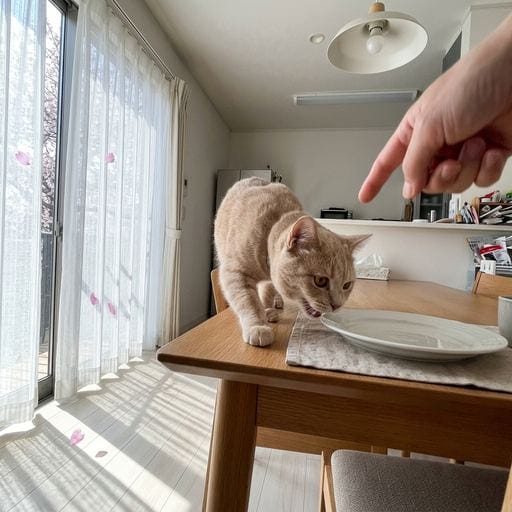 黄粉：春のぽかぽか陽気で、窓から桜がちらり🌸 今日も最高のもぐもぐタイムだったにゃ！大好きなチキン、もぐもぐ止まらないにゃ！…