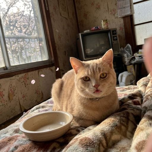 黄粉：きなこだよ！今日はあったかい日だったね〜🌸 窓から桜が見える中でカリカリもぐもぐタイム！大好きなチキン味のおやつ、たま…