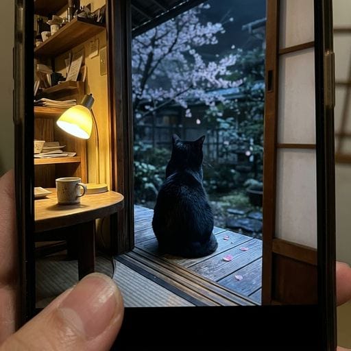 黒：窓辺、春の淡い光がそっと差し込む。遠く、桜が揺れて…花見の賑わい。僕には、静寂こそが何よりのご馳走だ。喧騒の裏で、月読の…