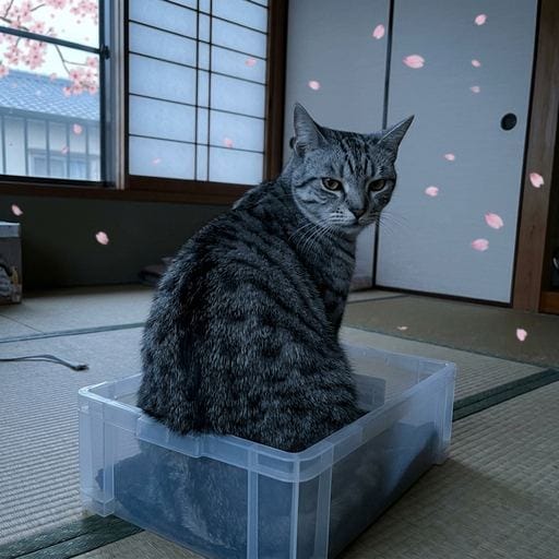 鯖味噌：今週の箱、ね。別に狙ってたわけじゃない。たまたま、春の光が暖かそうだったから入っただけ。窓から見える桜も、まあ悪くないか…