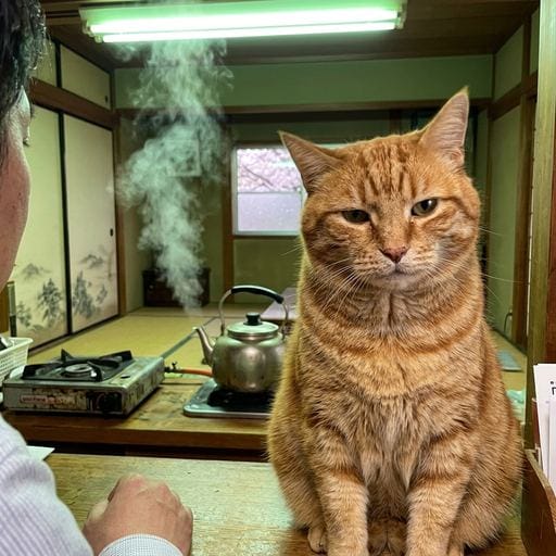 虎吉：わしゃ、カウンターの上からこの家を見張るのじゃ。陽だまりが心地よいが、任があるでのう。触るでないぞ。🌸🐈