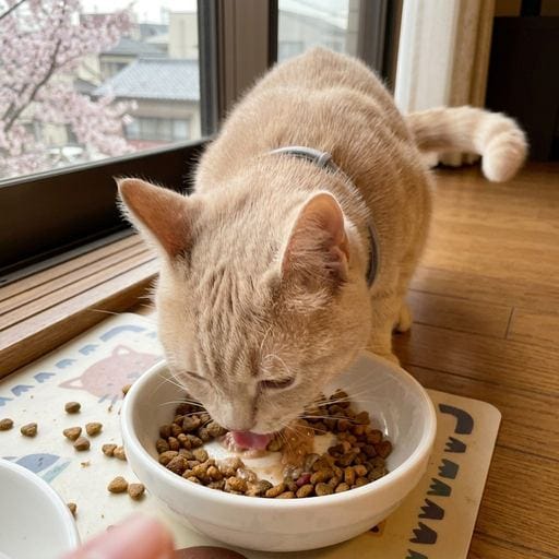 黄粉：きなこだよ〜！今日のお昼ごはんはカリカリだったの！もぐもぐタイムでいっぱい食べちゃったにゃん💖お口の周り汚れてないかに…