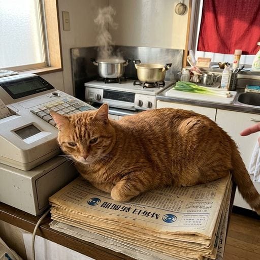 虎吉：配達先のおうちのカウンター、わしゃ気にいったぞ。触るでないぞ、じゃ。😼