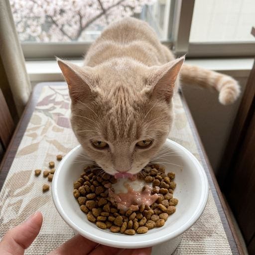 黄粉：きなこだよ！今日もおうちの〇〇さんに呼んでもらって、もぐもぐタイムしてきたの〜！配達されたカリカリ、いつもの倍くらい美味…