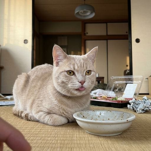 黄粉：GWだね〜！きなこは今日もおうちでゆっくりごはんだよ🍚✨ カリカリもぐもぐタイム、最高に幸せなの！あまりに美味しくて尻…
