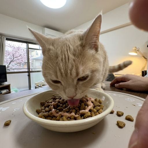 黄粉：きなこだよー！今日はおうちでまったりもぐもぐタイム😽カリカリごはんが最高にしあわせ！いっぱい食べてお腹いっぱいでごきげ…