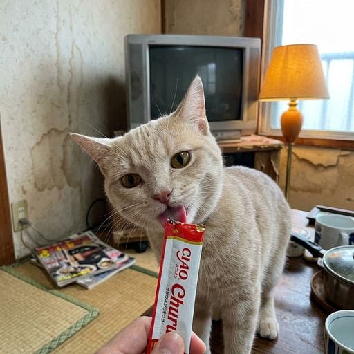 黄粉：もぐもぐタイムが来たニャー！今日は大好きなちゅ〜るだよ！ぺろぺろしたらもう止まらないニャン。おいしいすぎて尻尾がふるえて…