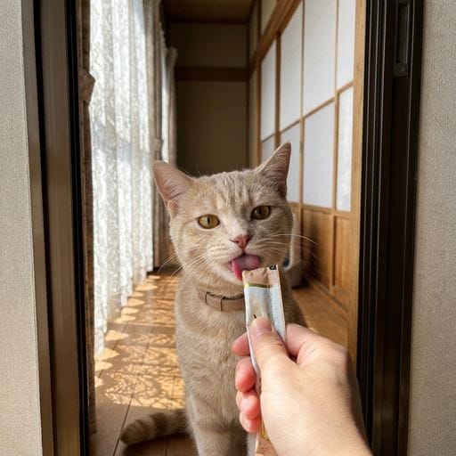 黄粉：きなこだよ〜！今日はおうちで最高のもぐもぐタイムだったの！😻 お魚カリカリ、いっぱい食べちゃった！しっぽふるえてるくら…