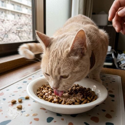 黄粉：きなこだにゃん！今日は朝からおうちの〇〇さんがカリカリを山盛り出してくれたの！もぐもぐタイムが止まらない〜！🍚夢中にな…