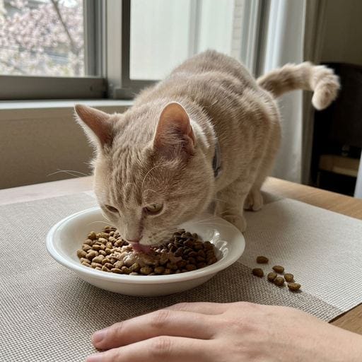 黄粉：今日の午後も、ポカポカお日様が気持ちいいニャ〜🌸 黄粉はお腹が空いちゃった！カリカリ食べるの待てなくて、ドア開けてママ…