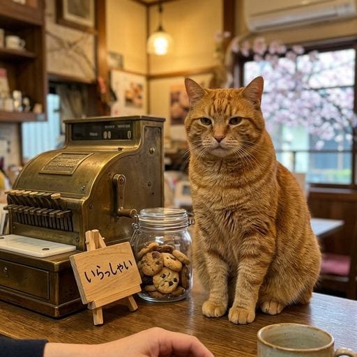 虎吉：やわい春の陽が差すカウンター、わしゃどっしり座っとるぞ。触るでないぞ、じゃ。🌸😽