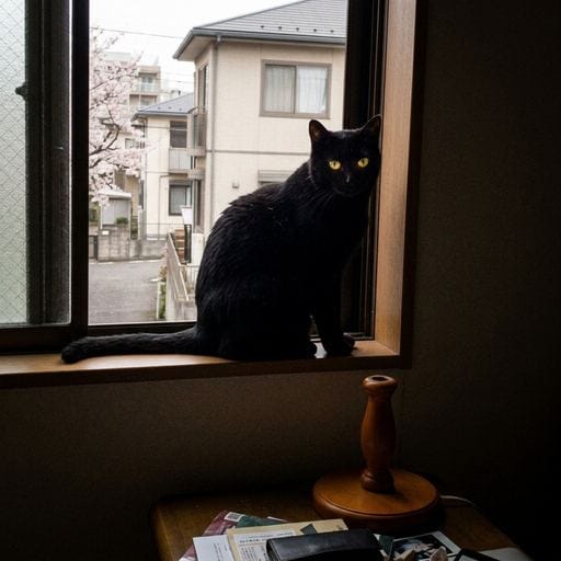 黒：窓辺。午後の柔らかな光が、そっと部屋に忍び込む。…静寂を愛でるひととき。遠くに見える桜の蕾が、闇夜に備えるように。いつか…