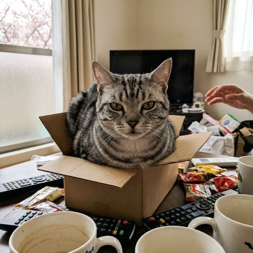 鯖味噌：別に、ひざの上が好きってわけじゃないから😼 たまたま、ぽかぽか日差しがあっただけ。窓の向こうの桜とか、どうでもいいし。…